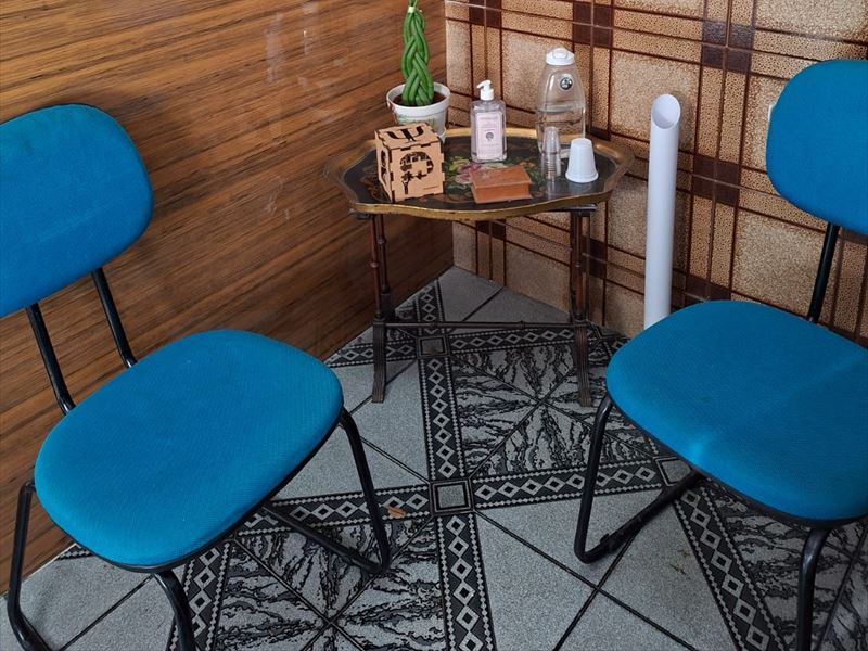 Recepção com duas cadeiras e mesa de apoio com plantas